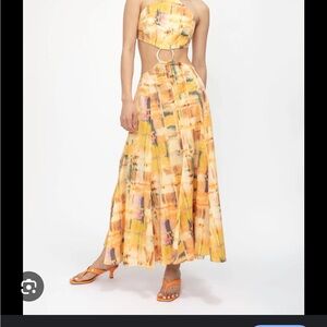 cult gaia Yellow Abstract Print Maxi Dress with Ring Cutout